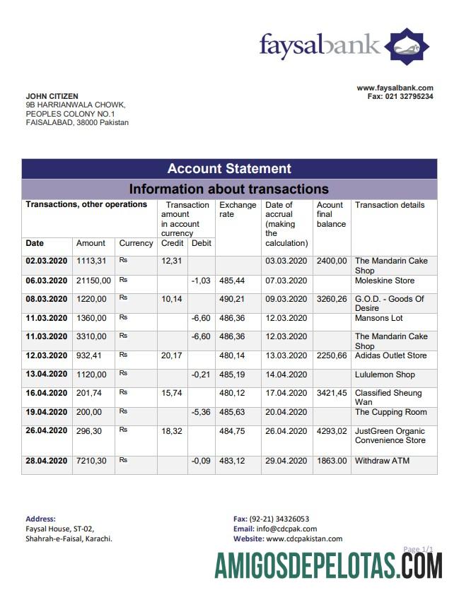 Pakistan Faysal modelo de extrato bancário